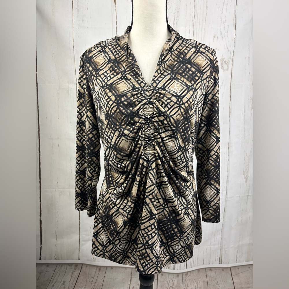 Womens Brown Ruched Top Stretch Blouse Geometric 3/4 Sleeve V-Neck